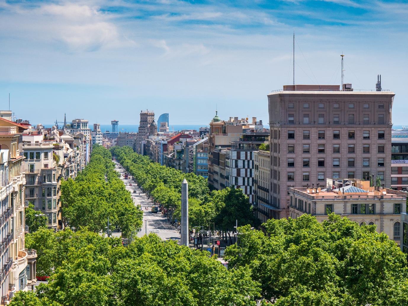 View of Passeig de Gràcia in Barcelona with tree-lined avenue and historic buildings leading toward the sea